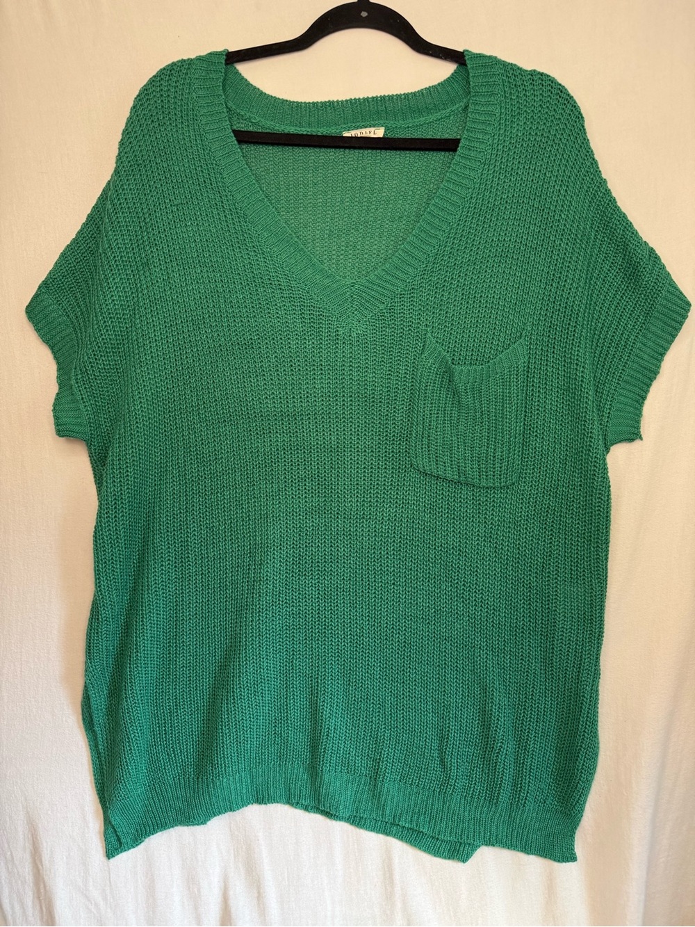 JODIFL Emerald Green V-Neck Short Sleeve Sweater with Pocket Oversized Fit S
